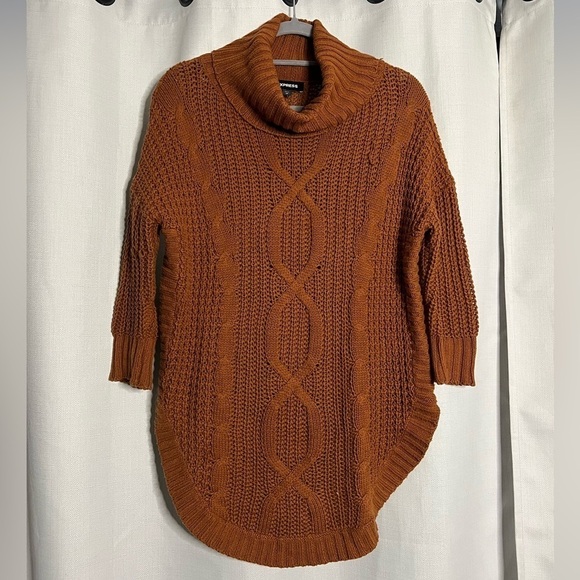 Express Cable Knit Cowl Neck Circle Hem Pullover Sweater Pumpkin Brown XS - Picture 8 of 8
